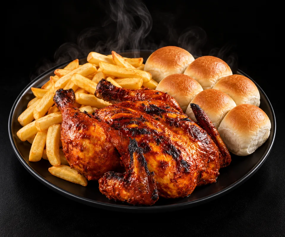 Flame-grilled whole chicken with chips and six rolls