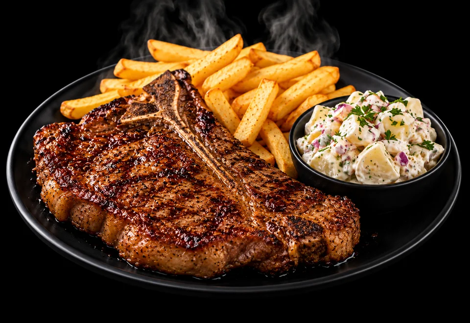 T-bone, chips & salad